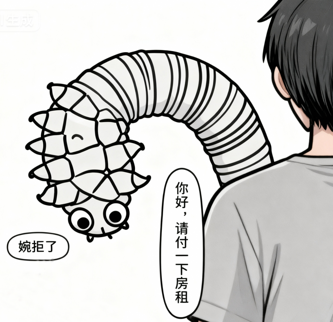 jimeng-2025-11-05-9302-编辑图1，左侧添加螨虫卡通形象说“婉拒了”，右侧添加人类背影说“你好，请付一下房....png