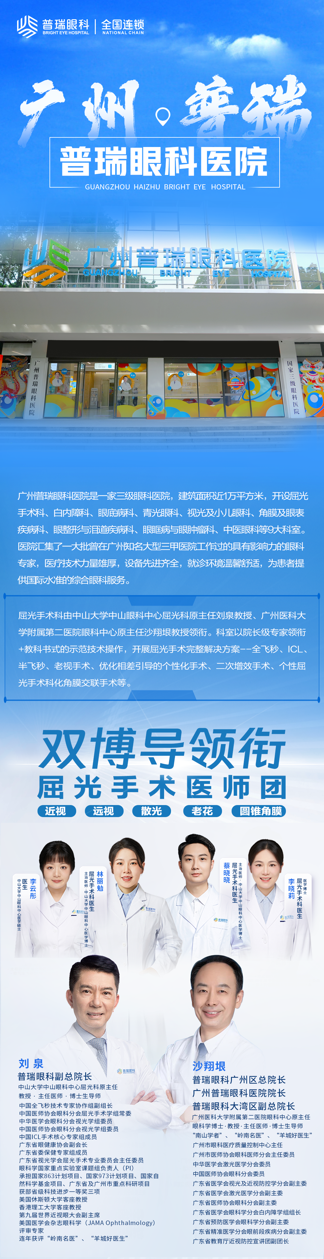 【屈光科】中山大学中山眼科中心屈光科原主任刘泉教授、广州医科大学附属第二医院眼科中心原主任沙翔垠教授 - 广州普瑞眼科医院