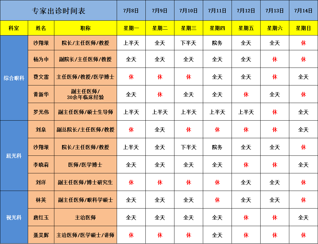 【广州普瑞眼科医院】7月8日-7月14日专家排班表（预约挂号） - 广州普瑞眼科医院
