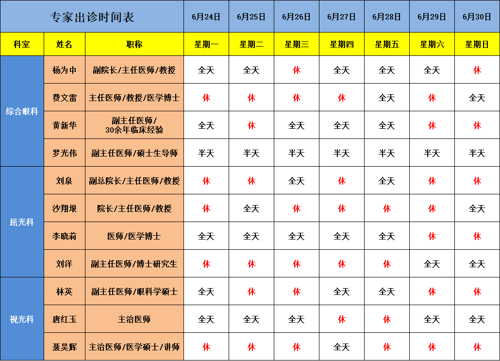 【广州普瑞眼科医院】6月24日-6月30日专家排班表(预约挂号) - 广州普瑞眼科医院
